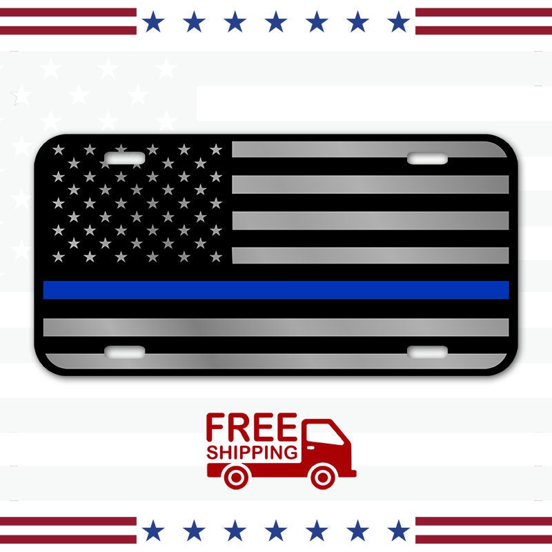 Thin Blue Line Reflective Aluminum License Plate Tag - Screw-On Front Or Back