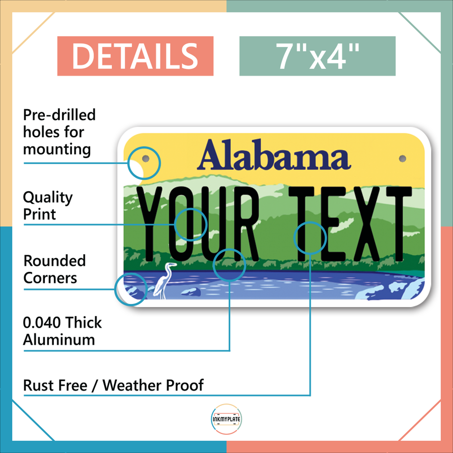 Inkmyplate - Personalized ALABAMA License Plate for Cars, Trucks, Motorcycles, Bicycles - InkMyPlate