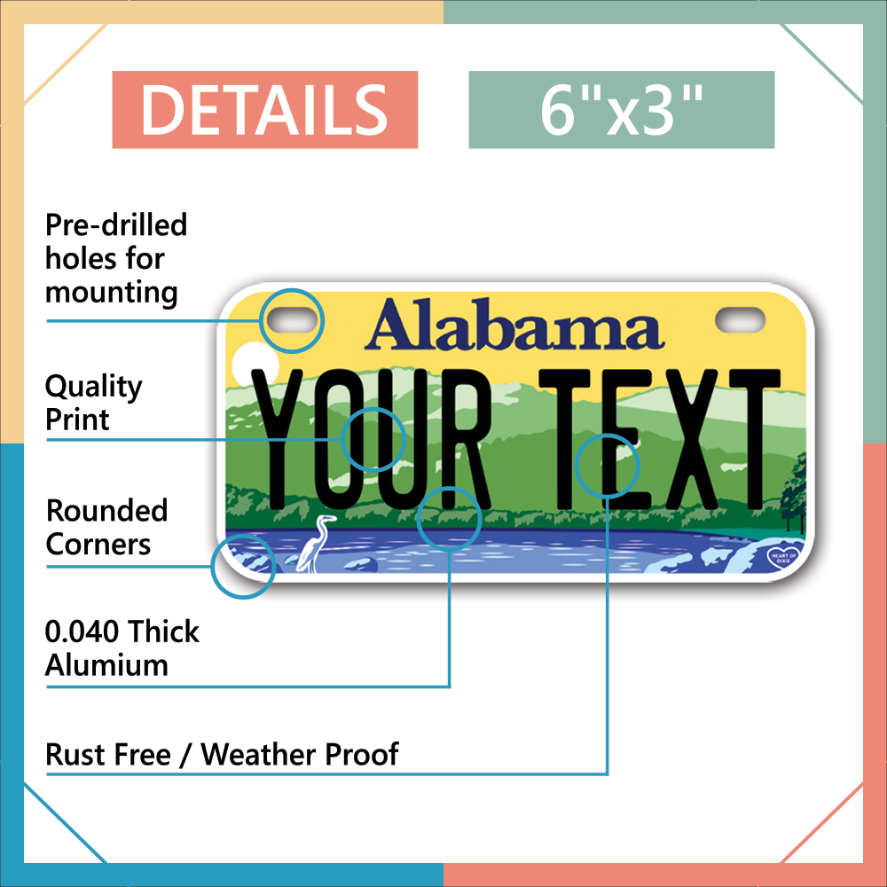 Inkmyplate - Personalized ALABAMA License Plate for Cars, Trucks, Motorcycles, Bicycles - InkMyPlate