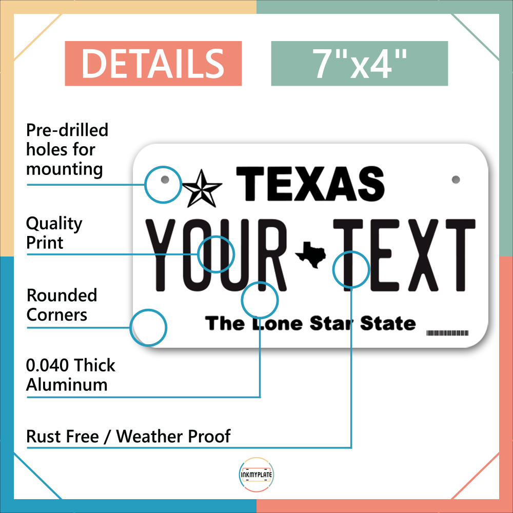 Personalized Texas White License Plate for Cars, Trucks, Motorcycles, Bicycles and Vinyl Stickers