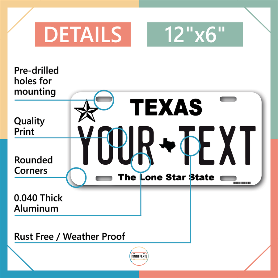 Personalized Texas White License Plate for Cars, Trucks, Motorcycles, Bicycles and Vinyl Stickers