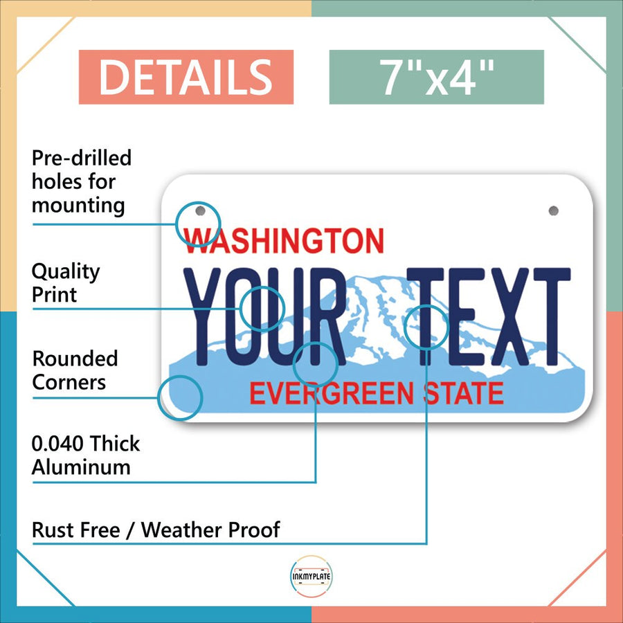 Inkmyplate - Personalized WASHINGTON License Plate for Cars, Trucks, Motorcycles, Bicycles and Vinyl Stickers - InkMyPlate