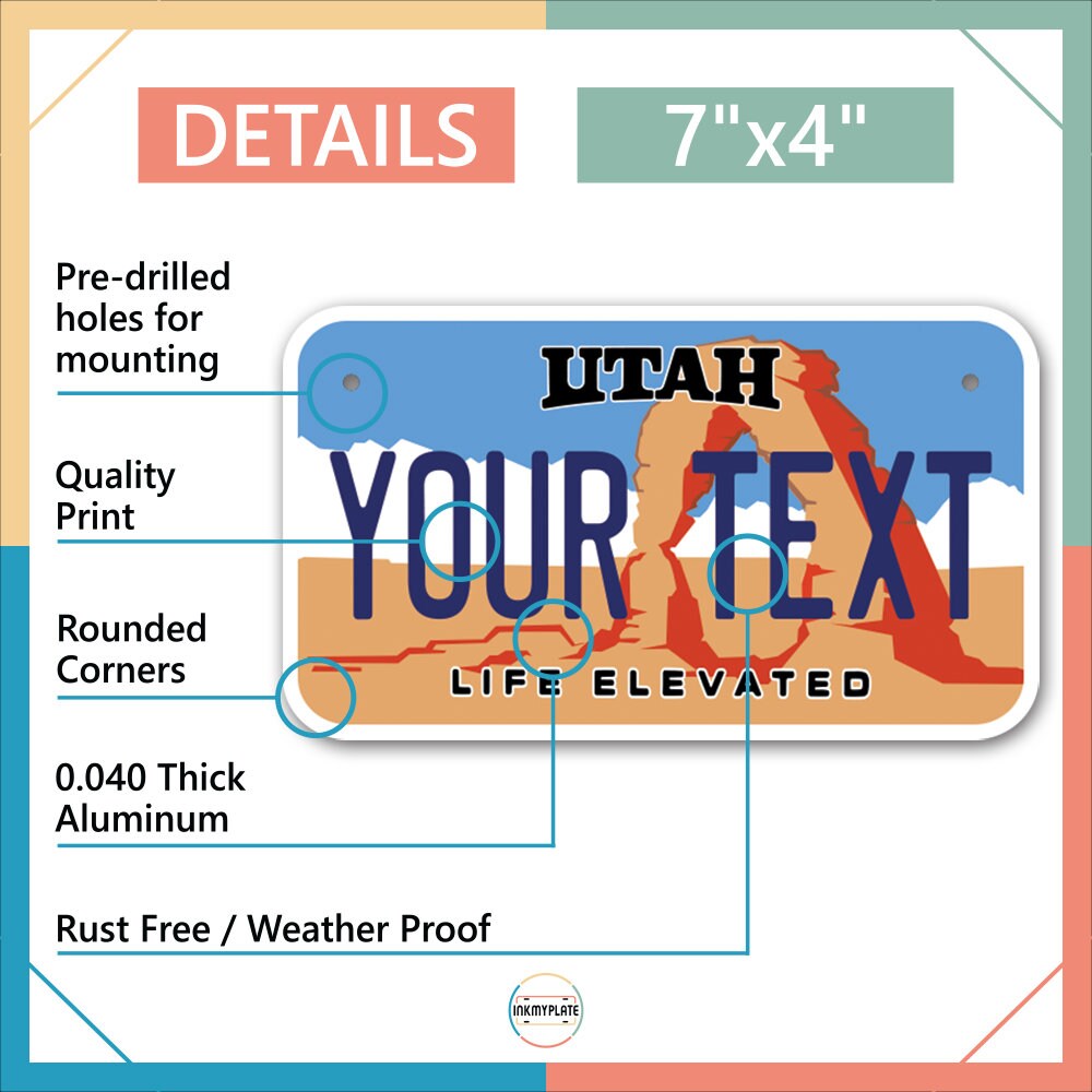 Inkmyplate - Personalized UTAH License Plate for Cars, Trucks, Motorcycles, Bicycles and Vinyl Stickers - InkMyPlate