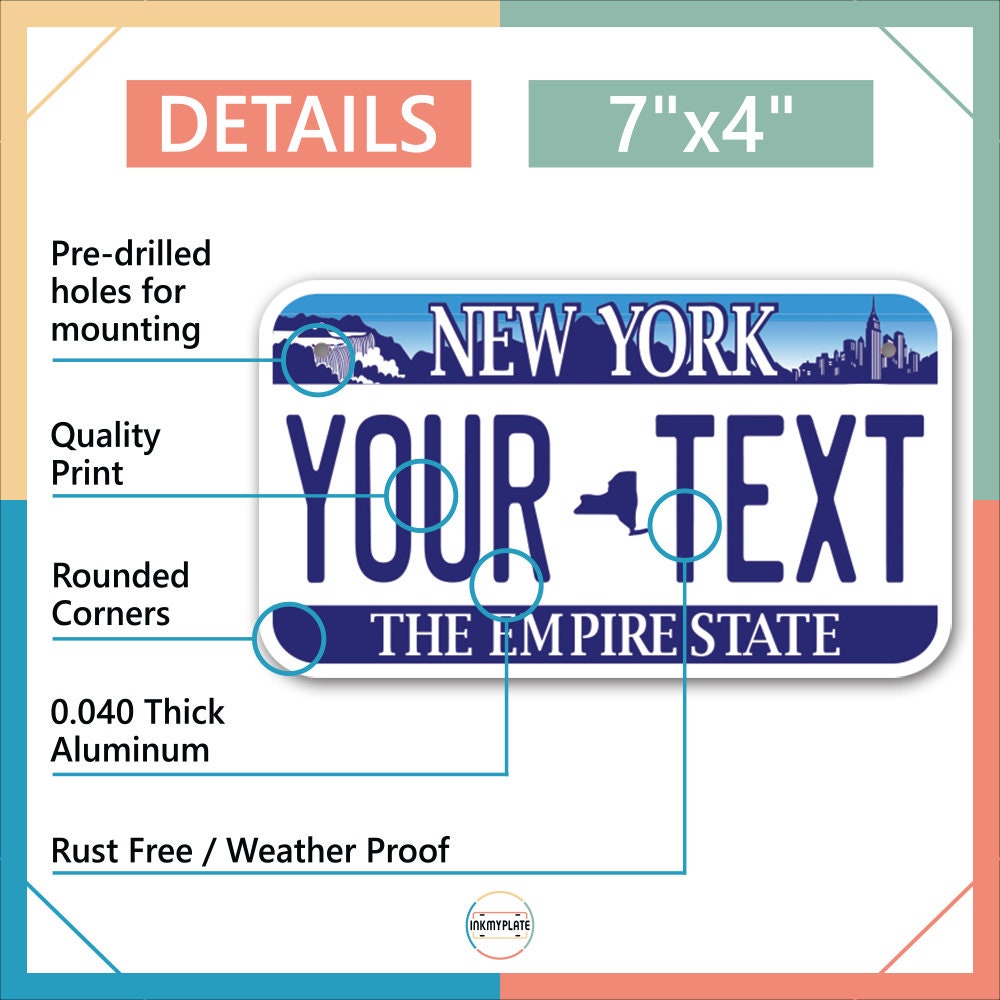 Inkmyplate - Personalized NEW YORK Empire State License Plate for Cars, Trucks, Motorcycles, Bicycles and Vinyl Stickers - InkMyPlate