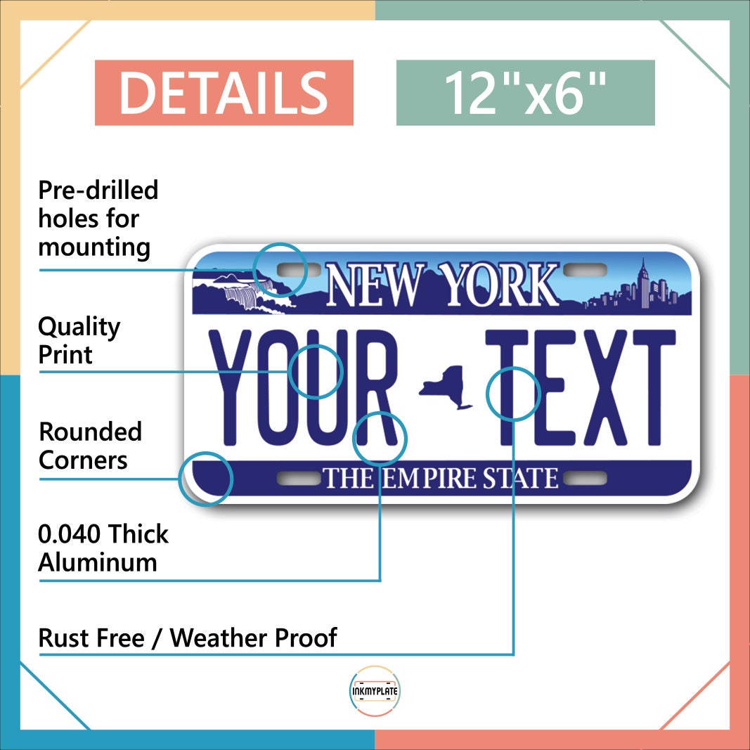 Inkmyplate - Personalized NEW YORK Empire State License Plate for Cars, Trucks, Motorcycles, Bicycles and Vinyl Stickers - InkMyPlate