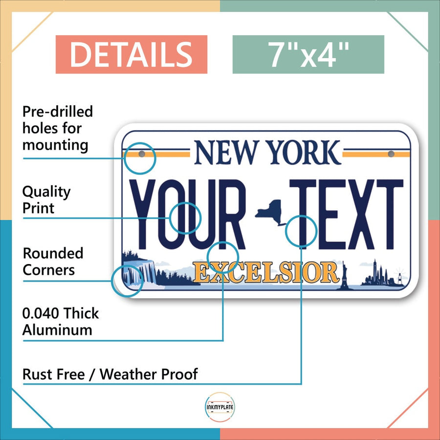 Inkmyplate - Personalized NEW YORK EXCELSIOR License Plate for Cars, Trucks, Motorcycles, Bicycles and Vinyl Stickers - InkMyPlate