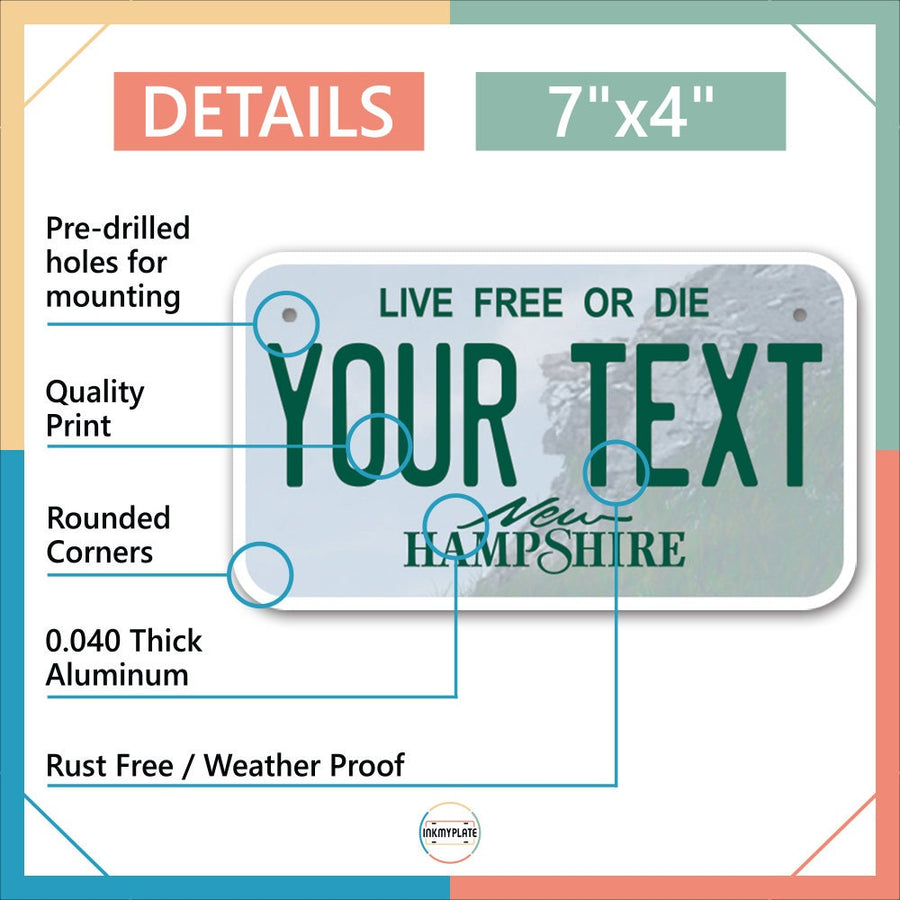 Inkmyplate - Personalized NEW HAMPSHIRELicense Plate for Cars, Trucks, Motorcycles, Bicycles and Vinyl Stickers - InkMyPlate