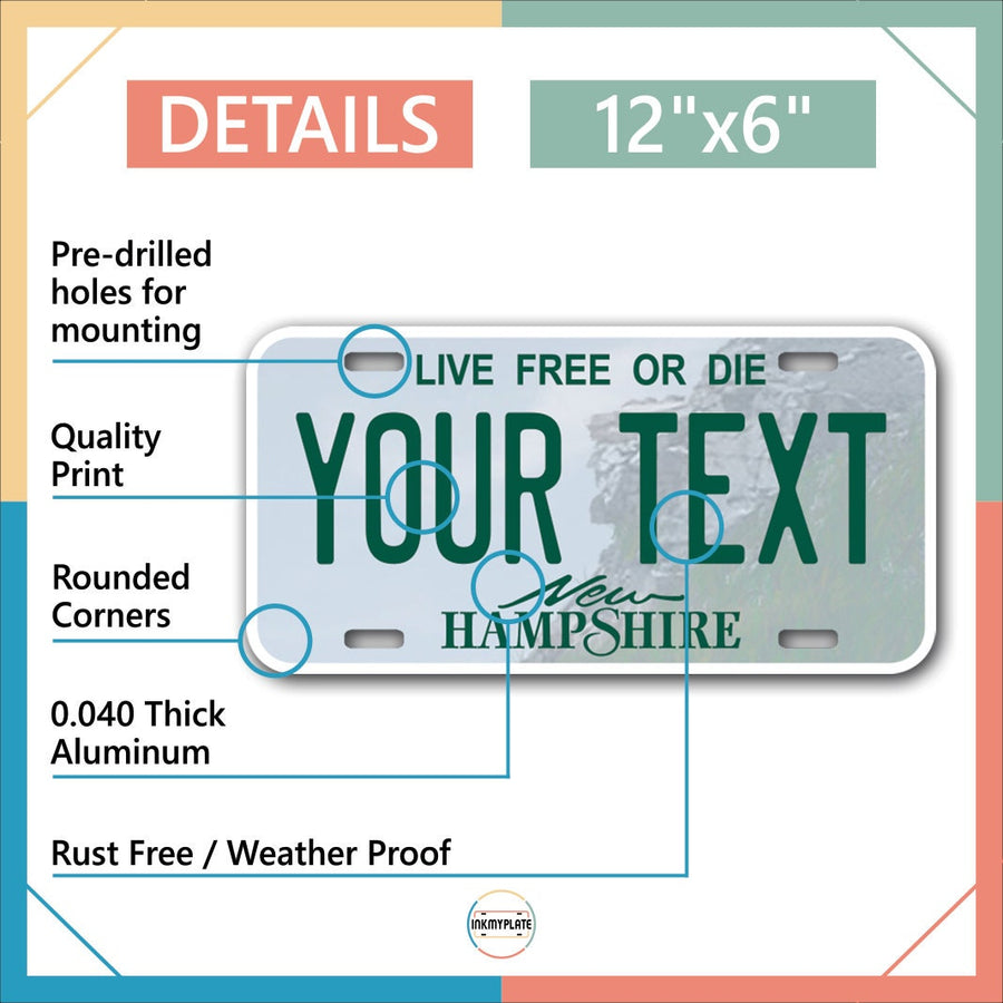 Inkmyplate - Personalized NEW HAMPSHIRELicense Plate for Cars, Trucks, Motorcycles, Bicycles and Vinyl Stickers - InkMyPlate