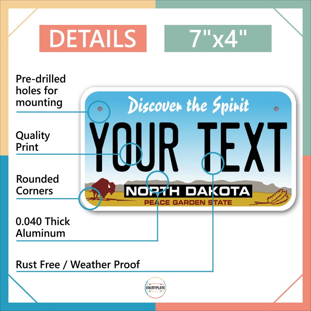 Inkmyplate - Personalized NORTH DAKOTA License Plate for Cars, Trucks, Motorcycles, Bicycles and Vinyl Stickers - InkMyPlate