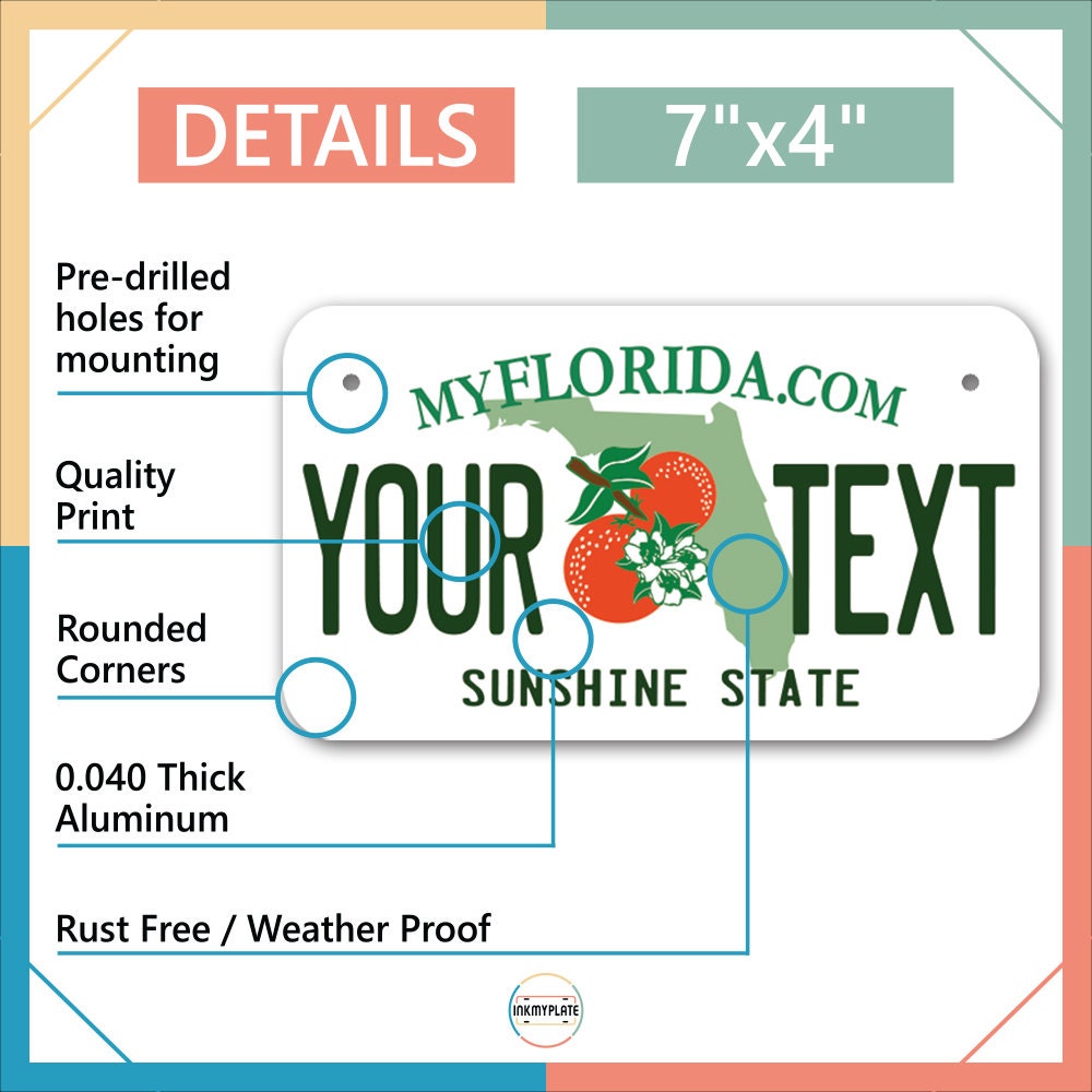 Inkmyplate - Personalized FLORIDA License Plate for Cars, Trucks, Motorcycles, Bicycles and Vinyl Stickers - InkMyPlate