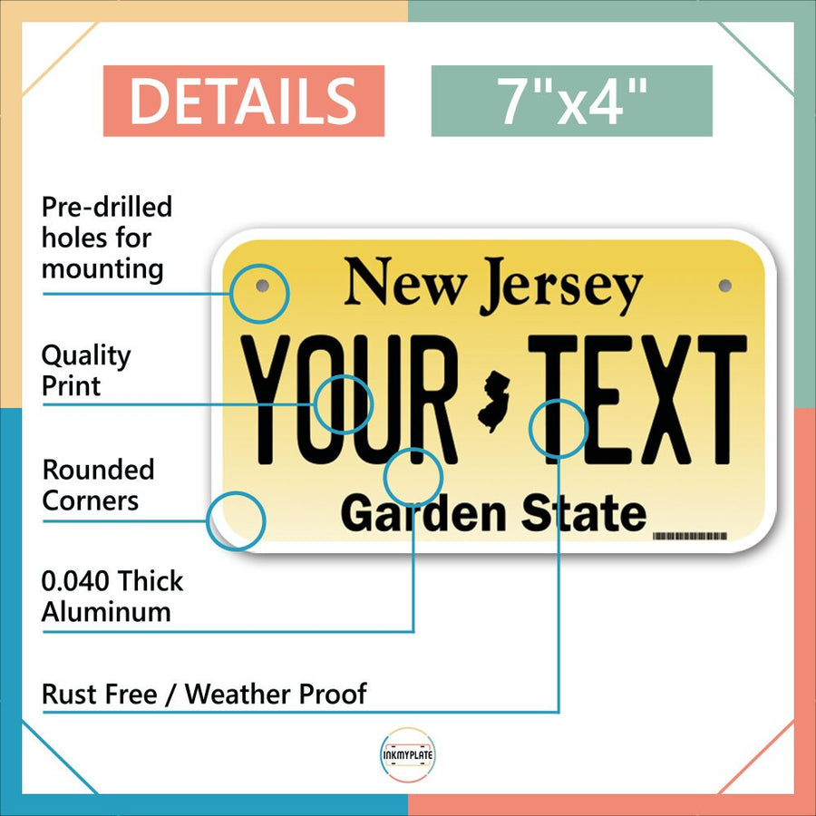 Inkmyplate - Personalized NEW JERSEY License Plate for Cars, Trucks, Motorcycles, Bicycles and Vinyl Stickers - InkMyPlate