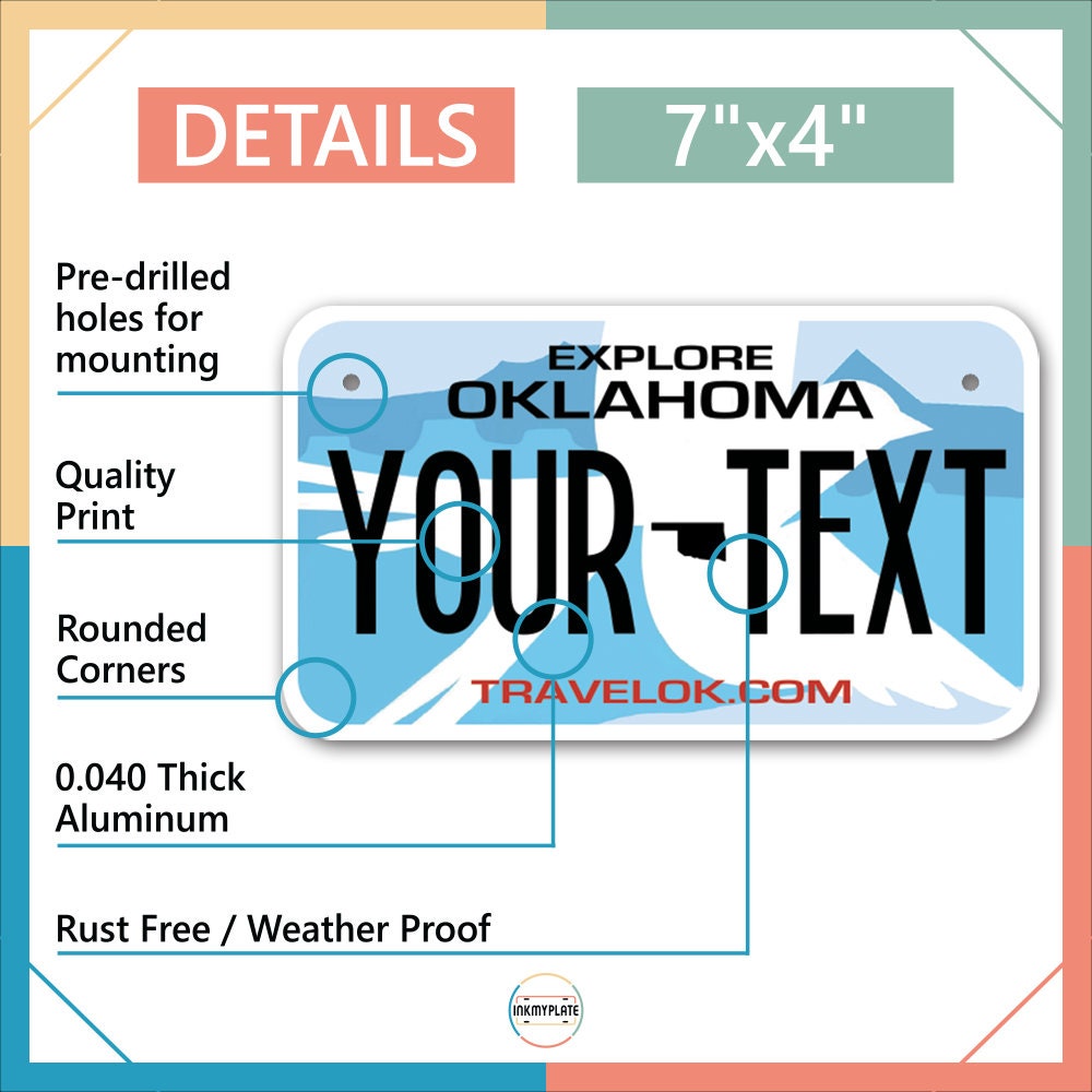 Inkmyplate - Personalized OKLAHOMA License Plate for Cars, Trucks, Motorcycles, Bicycles and Vinyl Stickers - InkMyPlate