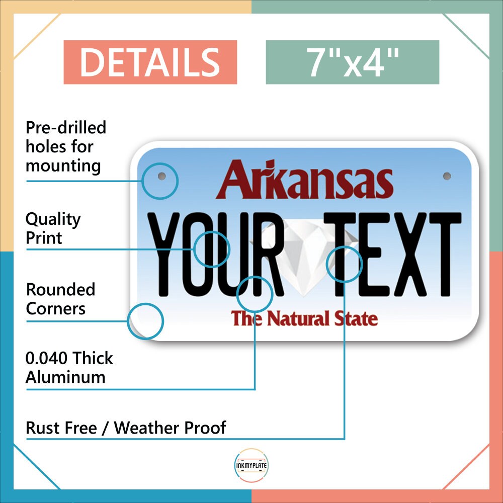 Inkmyplate - Personalized ARKANSAS License Plate for Cars, Trucks, Motorcycles, Bicycles and Vinyl Stickers - InkMyPlate