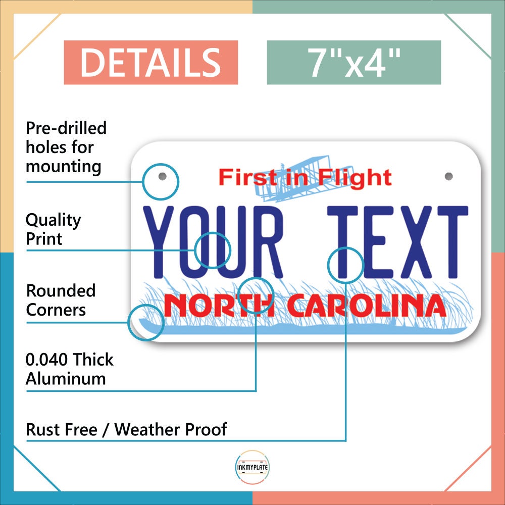 Inkmyplate - Personalized NORTH CAROLINA License Plate for Cars, Trucks, Motorcycles, Bicycles and Vinyl Stickers - InkMyPlate