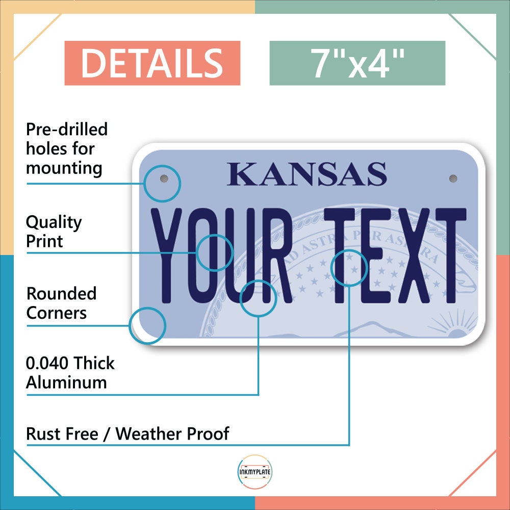 Inkmyplate - Personalized KANSAS License Plate for Cars, Trucks, Motorcycles, Bicycles and Vinyl Stickers - InkMyPlate