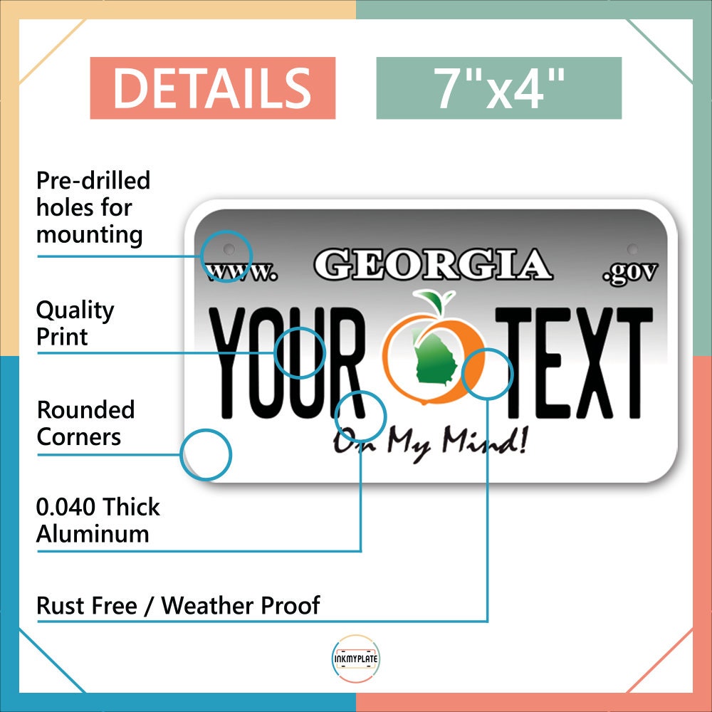 Inkmyplate - Personalized GEORGIA License Plate for Cars, Trucks, Motorcycles, Bicycles and Vinyl Stickers - InkMyPlate