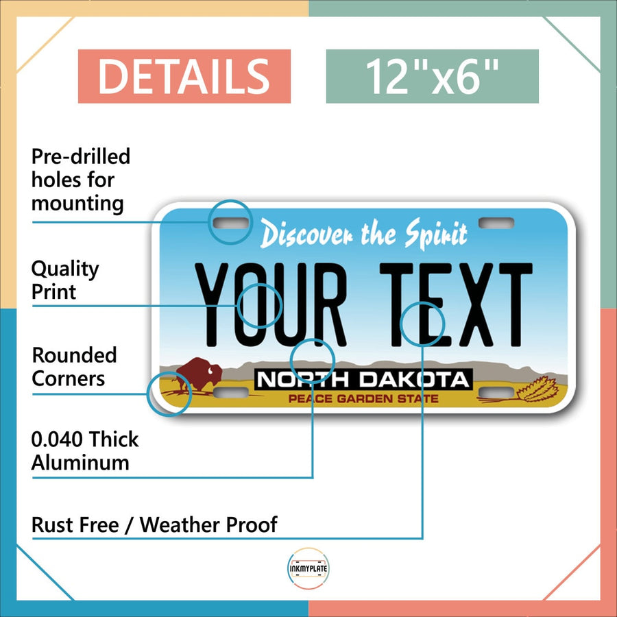 Inkmyplate - Personalized NORTH DAKOTA License Plate for Cars, Trucks, Motorcycles, Bicycles and Vinyl Stickers - InkMyPlate