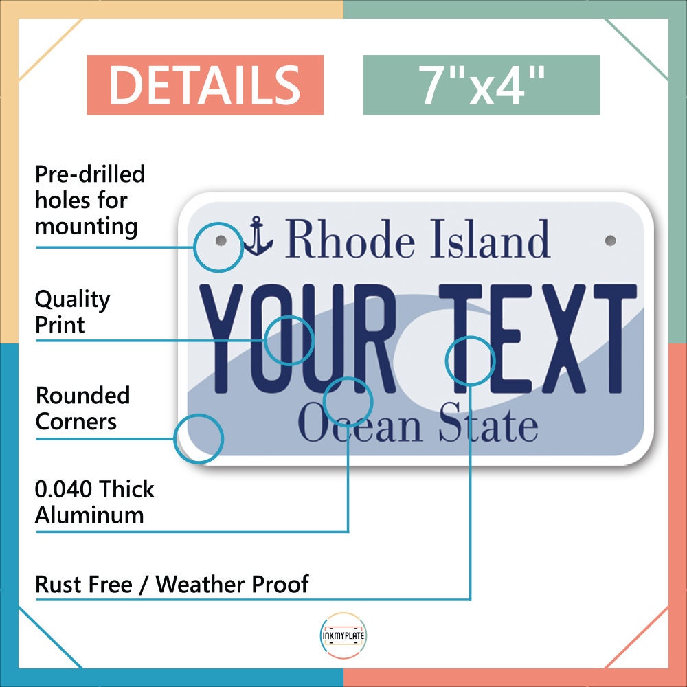 Inkmyplate - Personalized RHODE ISLAND License Plate for Cars, Trucks, Motorcycles, Bicycles and Vinyl Stickers - InkMyPlate