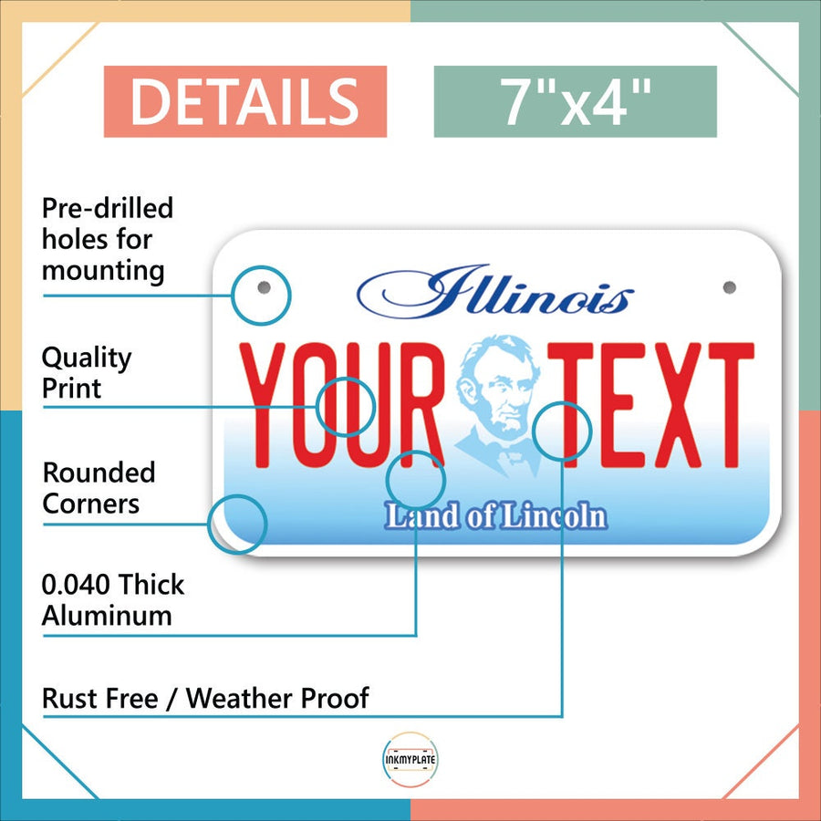 thumbnail image 2 of Custom Illinois Novelty License Plate - Gloss Finish, Personalized Text, Front Mount 2 of 6