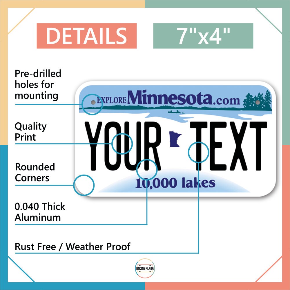 Inkmyplate - Personalized MINNESOTA License Plate for Cars, Trucks, Motorcycles, Bicycles and Vinyl Stickers - InkMyPlate