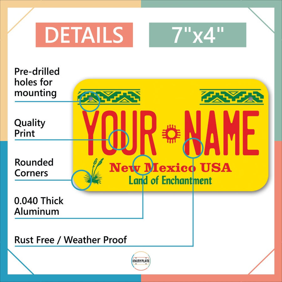 Inkmyplate - Personalized NEW MEXICO License Plate for Cars, Trucks, Motorcycles, Bicycles and Vinyl Stickers - InkMyPlate