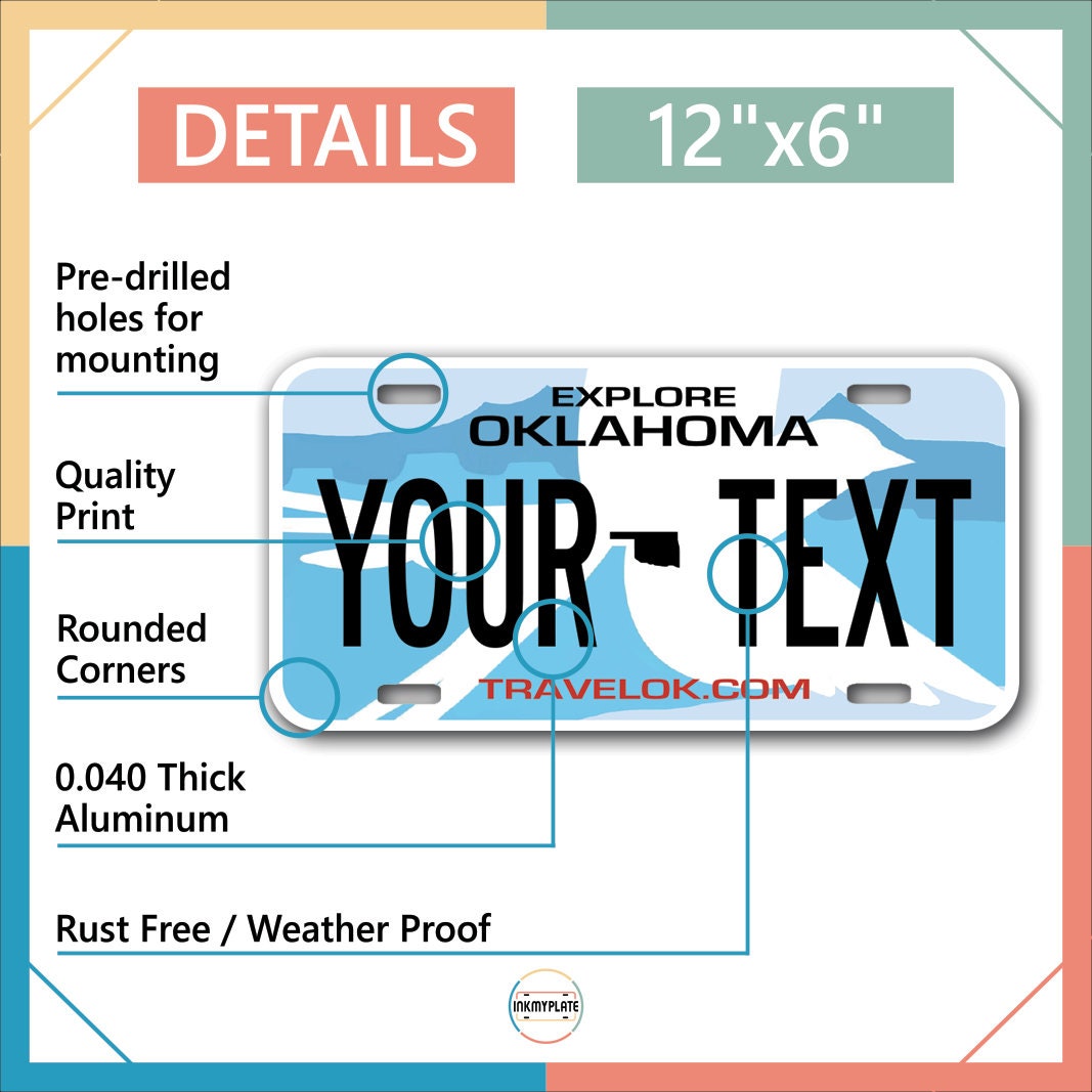 Inkmyplate - Personalized OKLAHOMA License Plate for Cars, Trucks, Motorcycles, Bicycles and Vinyl Stickers - InkMyPlate